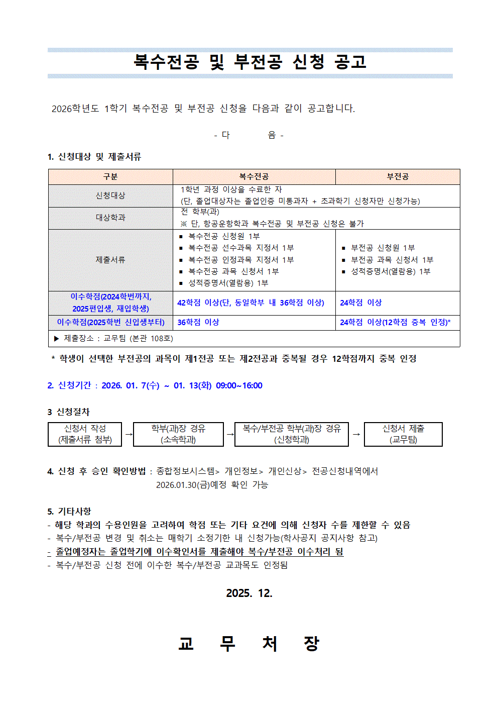 공고)2026학년도 1학기 복수전공 및 부전공 신청 공고